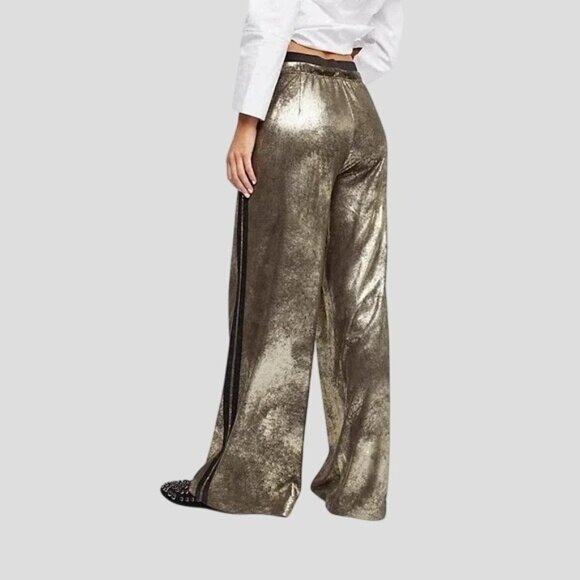 Free People Vegan Gold Metallic Wide Leg Track Pants Size S - Picture 2 of 10